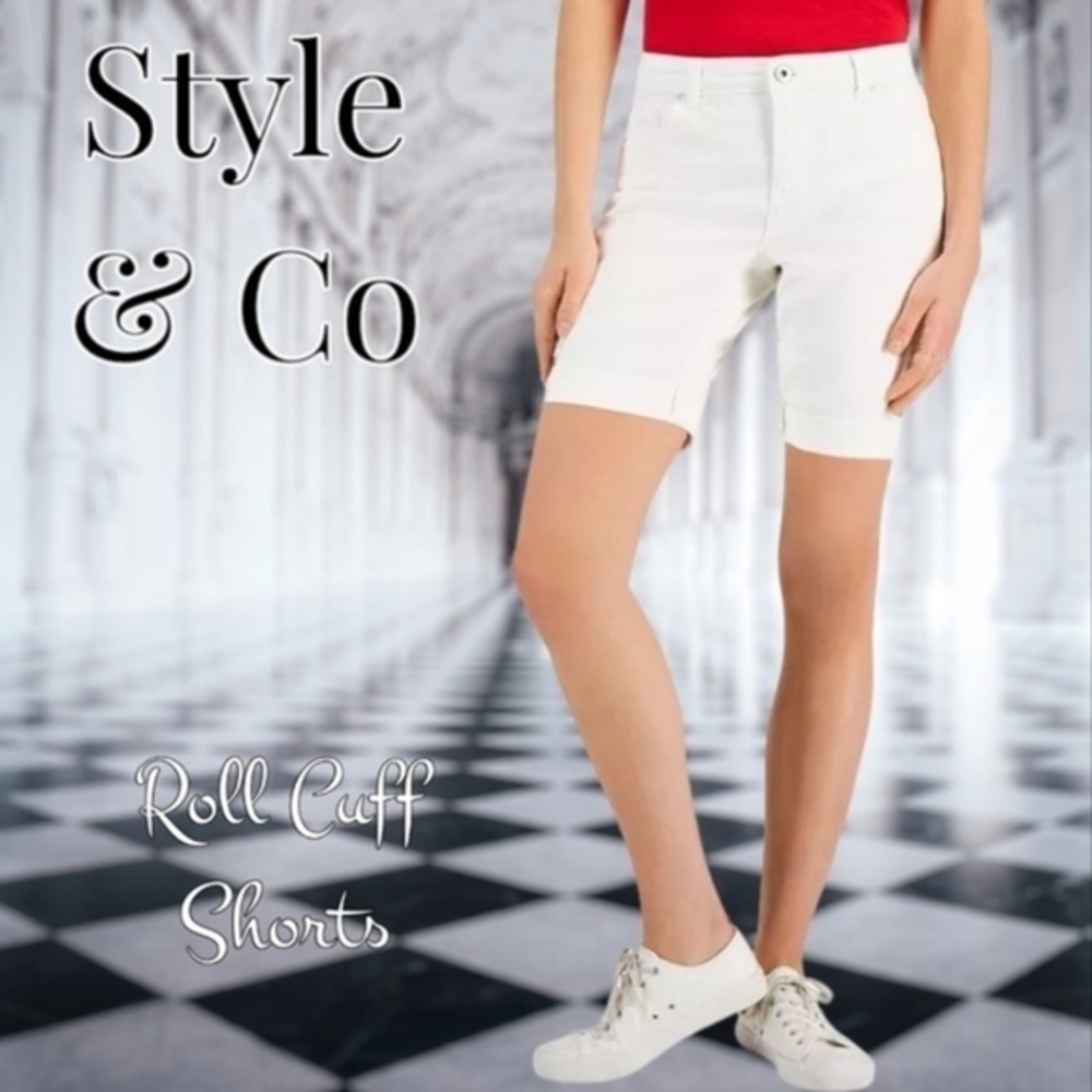 STYLE & CO Petite Mid-Rise Roll-Cuff White Stretch Denim Bermuda Shorts-14p NWT